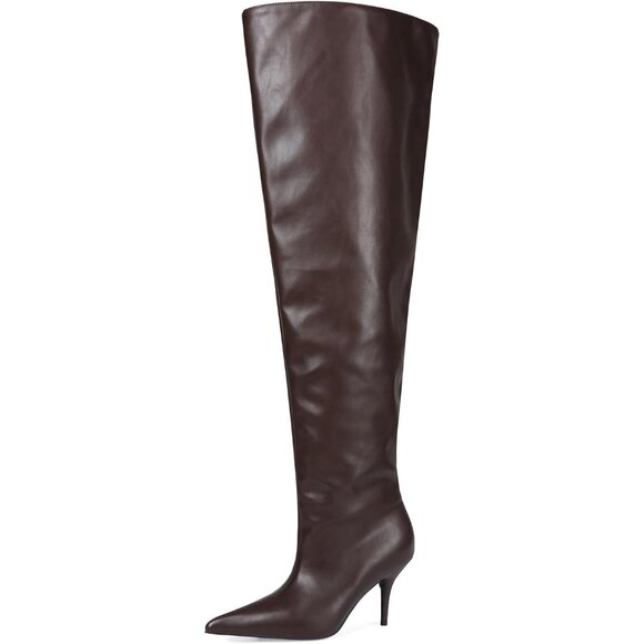 Women's Brown Faux Leather Wide Calf Thigh High Heeled Stiletto Cone Heel Boots - Picture 1 of 7
